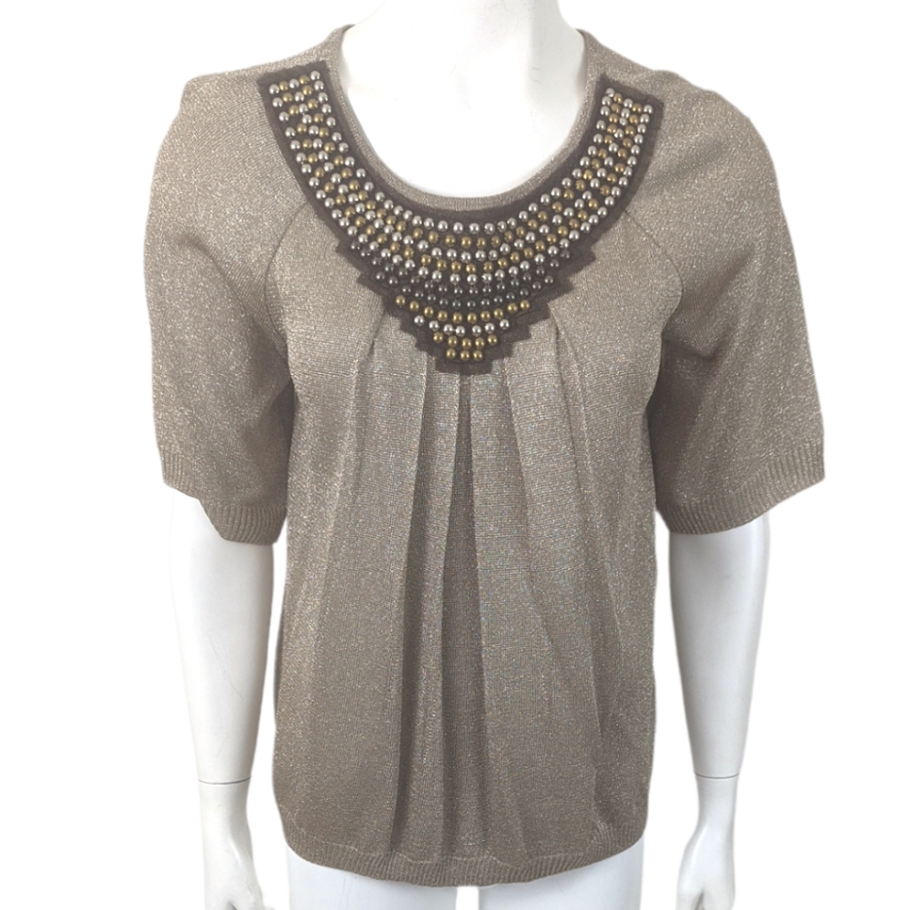 St. John Metallic Evening Blouse Top Womens Small Gold Studded Cocktail Party